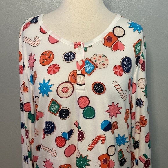 kate spade Other - Kate Spade Pajama Top Shirt Holiday Christmas Print Long Sleeve White Blue Pink